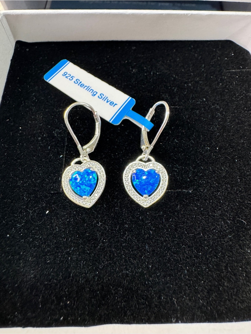 Blue Opal 925 Sterling Silver Heart Drop Earrings with Blue Opal Inlay - Picture 3 of 12